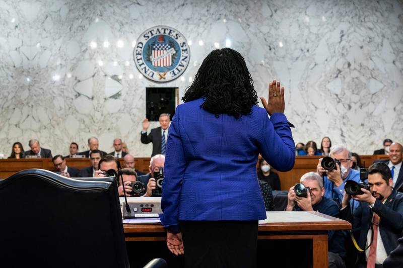 Supreme Court nominee Ketanji Brown Jackson is sworn in by chairman Dick Durbin at her confirmation hearing before the Senate Judiciary Committee on Capitol Hill in Washington, DC, on March 21, 2022. Ms Brown Jackson is the first black woman to sit on the Supreme Court. AFP
