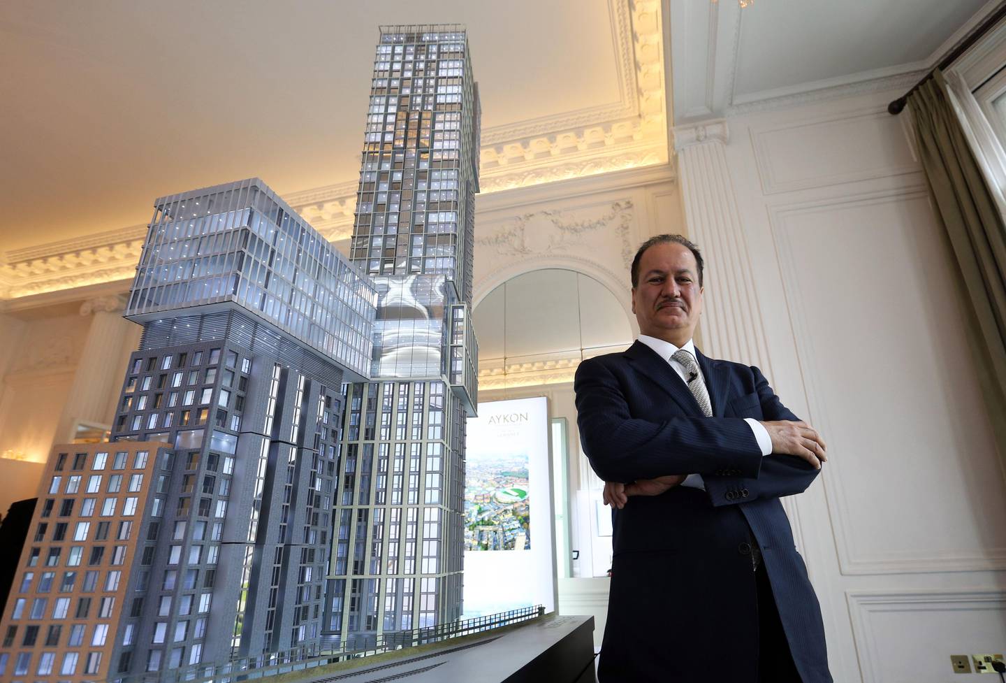 LONDON. 20th July 2015.  Hussein Sajwani, Chairman of DAMAC  with a model of  the AYKON Nine Elms fashion branded residence at the launch in London, Monday 20th July 2015.   Stephen Lock for the National  FOR BUSINESS   *** Local Caption ***  SL-damac-005.JPG