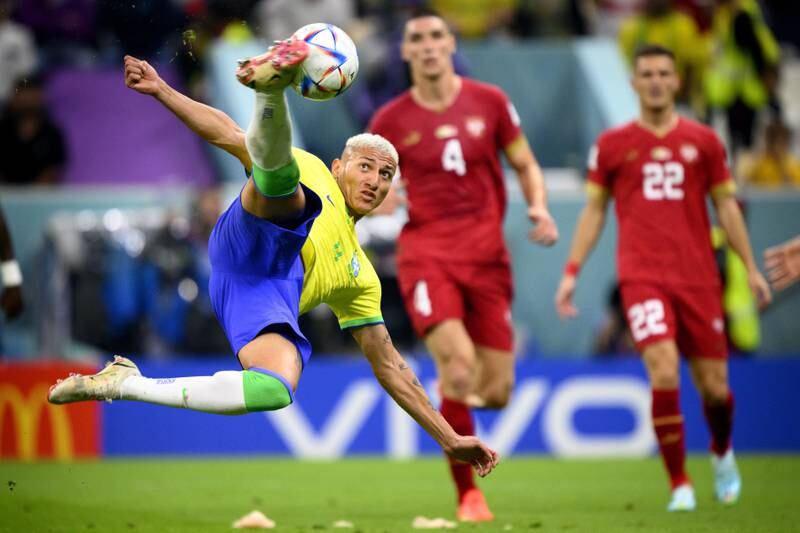 Brazil's Richarlison scores with a bicycle kick in the match against Serbia at Lusail Stadium. EPA
