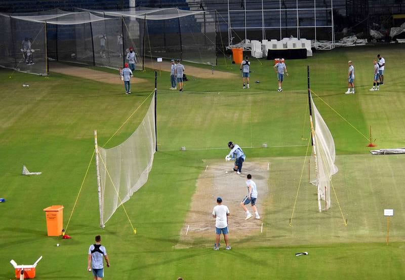 England cricketers at a training session at the National Cricket Stadium in Karachi. EPA