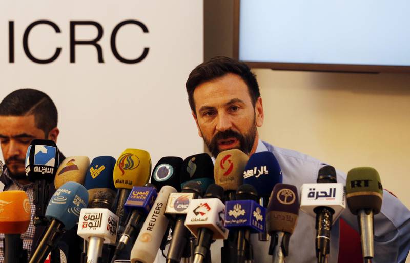 epa07229448 Fabrizio Carboni, ICRC regional director for the Middle East gives a news conference in Sanaâ€™a, Yemen, 13 December 2018. According to reports, the International Committee of the Red Cross (ICRC) is set to facilitate a prisoner swap in Yemen involving more than 15,000 war prisoners, missing and forcibly detained people allegedly captured in the nearly four-year conflict between Yemenâ€™s Saudi-backed government and the Houthi rebels as part of UN-brokered peace consultations in Sweden between the two warring factions.  EPA/YAHYA ARHAB