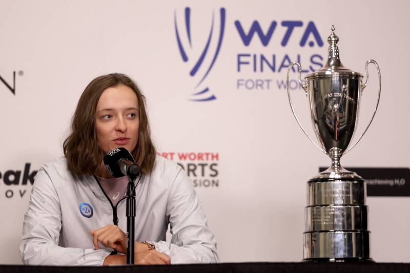 Iga Swiatek speaks to the media at a press conference prior to the 2022 WTA Finals at Dickies Arena in Fort Worth, Texas. Getty