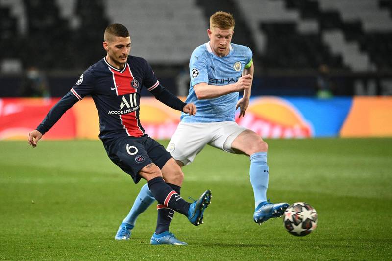 Marco Verratti - 7: Vital cog in the PSG machine. Beautiful ball to Mbappe just after half hour. Brilliant in tight spaces and controlled the midfield pace in first half, but totally different in the second as City took their turn to control possession, the game and finally, the tie. AFP