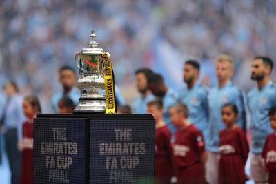 LONDON, ENGLAND - MAY 18:  The FA Cup trophy is seen on display as players line up prior to the FA Cup Final match between Manchester City and Watford at Wembley Stadium on May 18, 2019 in London, England. (Photo by Richard Heathcote/Getty Images)