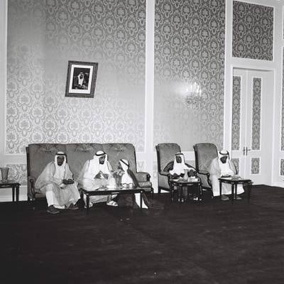 Caption History Project 2010, "The First Day". From the Al Itihad Union Day collection (AL Manhal Palace folder 2) November - December 1971.  Photograph of events and meetings inside Al Manhal Palace, Abu Dhabi. 