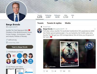 Børge Brende's Twitter account has been attacked. Twitter