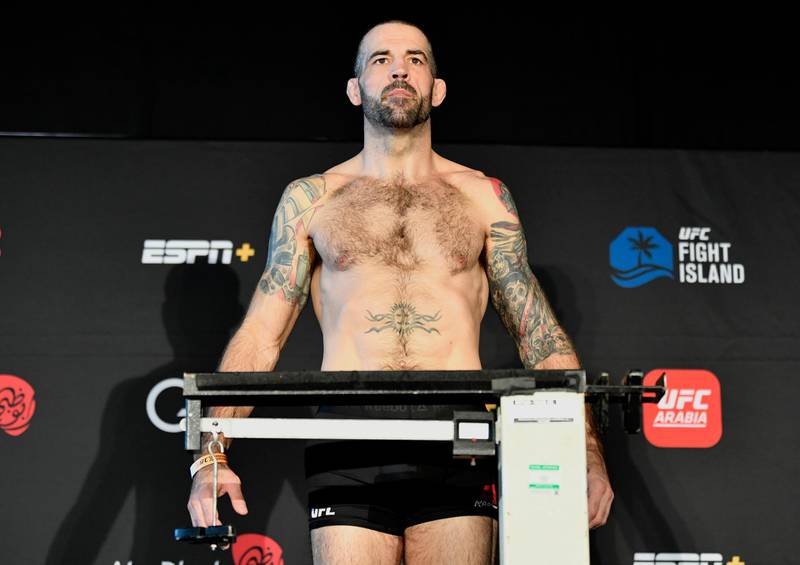 ABU DHABI, UNITED ARAB EMIRATES - JANUARY 15: Matt Brown poses on the scale during the UFC weigh-in at Etihad Arena on UFC Fight Island on January 15, 2021 in Abu Dhabi, United Arab Emirates. (Photo by Jeff Bottari/Zuffa LLC)