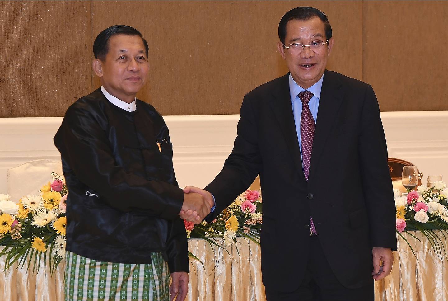 Cambodian Prime Minister Hun Sen, right, meets Myanmar's leader Min Aung Hlaing in Naypyitaw, Myanmar, last month. AP Photo