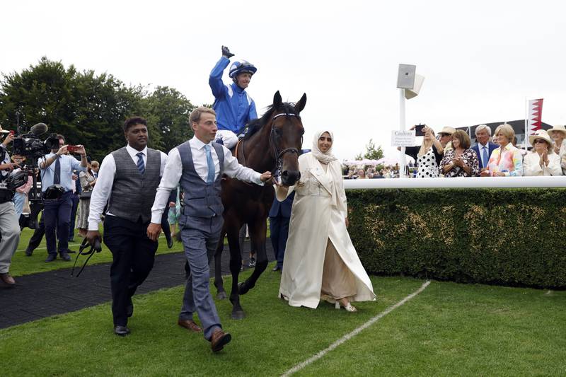 Jockey Jim Crowley celebrates as he enters the winner's enclosure on Baaeed after winning the Sussex Stakes at Goodwood Racecourse on July 27, 2022. PA