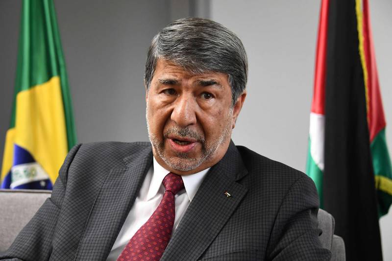 Palestinian Ambassador to Brazil Ibrahim Alzeben, speaks during an interview with AFP in Brasilia, on March 26, 2019.  Moving Brazil's embassy in Israel to Jerusalem would be an "attack" on Palestinian people and a breach of international law, the Palestinian envoy to the Latin American country said Tuesday.  / AFP / EVARISTO SA

