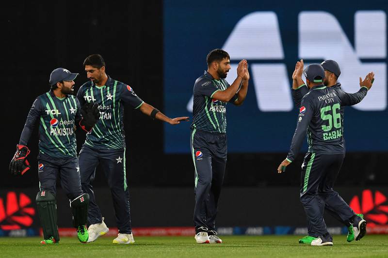 Pakistan's Haris Rauf, centre, picked up three wickets. AFP