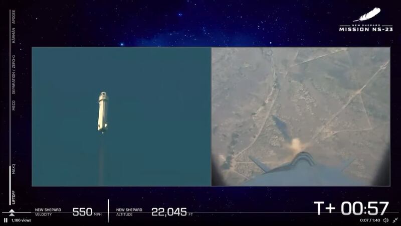Blue Origin aborted an uncrewed mission mid-flight after its rocket booster experienced an anomaly. All photos: Blue Origin live broadcast 