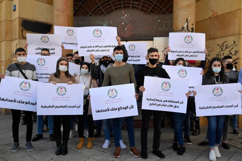 Members of the Progressive Socialist Party (PSP) carry placards during a gathering in front of Beirut's Bank Association.  EPA