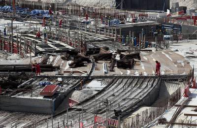 Construction work at the Al Bayt stadium in Doha. Qatar's preparations for the football 2022 World Cup have been affected by a boycott by neighbouring states. Lars Baron / Bongarts / Getty Images
