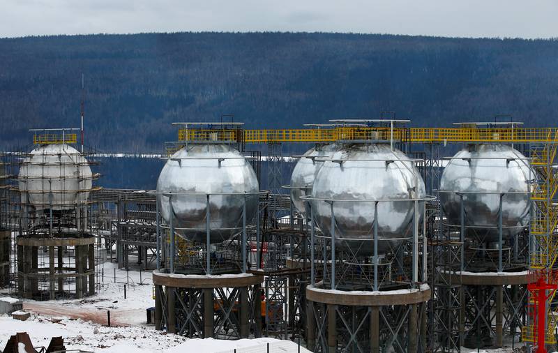 Liquefied petroleum gas tanks at a facility owned by Irkutsk Oil Company in the Irkutsk Region of Russia. The price caps imposed on Russia involve two price levels, $100 per barrel for more expensive fuel like diesel and $45 on lower-quality products such as fuel oil. Reuters