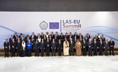 EU and Arab league leaders pose for the joint photo.  Getty