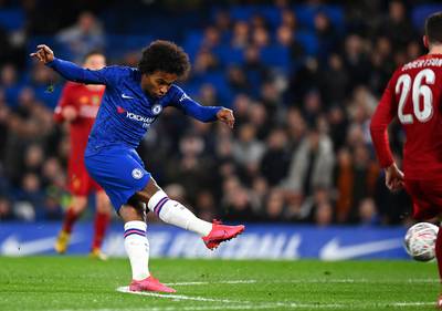 Willian scores Chelsea's first goal against Liverpool in the FA Cup. Getty Images