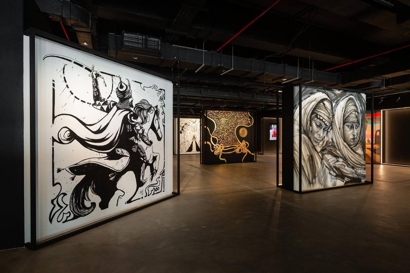 Murals of History, which includes works by 15 artists from the UAE, features works that draw from elements of Arab art history, integrating Islamic and contemporary styles. Victor Besa / The National