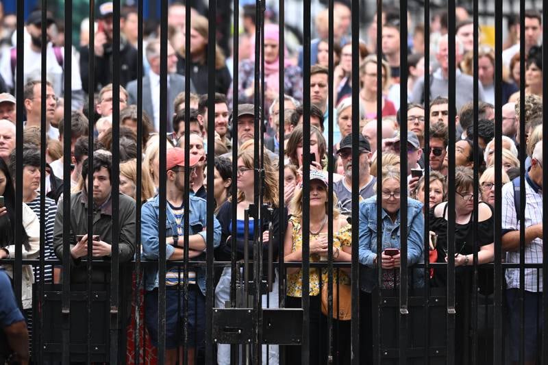 Crowds gather at the gates of Downing Street in London before a resignation speech from Prime Minister Boris Johnson. Getty Images