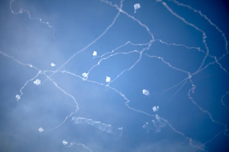 Missiles launched from the Gaza Strip toward Israel are intercepted by the Israeli Iron Dome. EPA