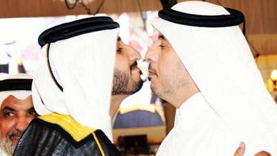Abdullah Al Nuaimi, the groom, left, and Sheikh Abdullah bin Nasser bin Khalifa Al Thani, the Qatari prime minister and interior minister. Image taken from social media