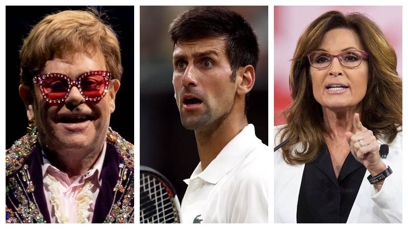 From left: Elton John, Novak Djokovic and Sarah Palin have all had Covid-19. Photos: AP, PA, Reuters
