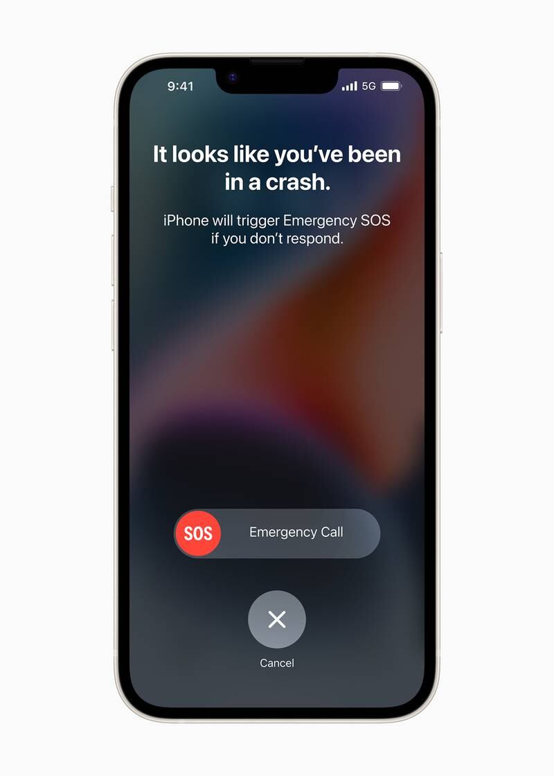 Crash Detection uses specialised components paired with Apple-designed algorithms to detect a severe car crash and automatically dial emergency services when a user is unconscious or unable to reach their iPhone. Photo: Apple