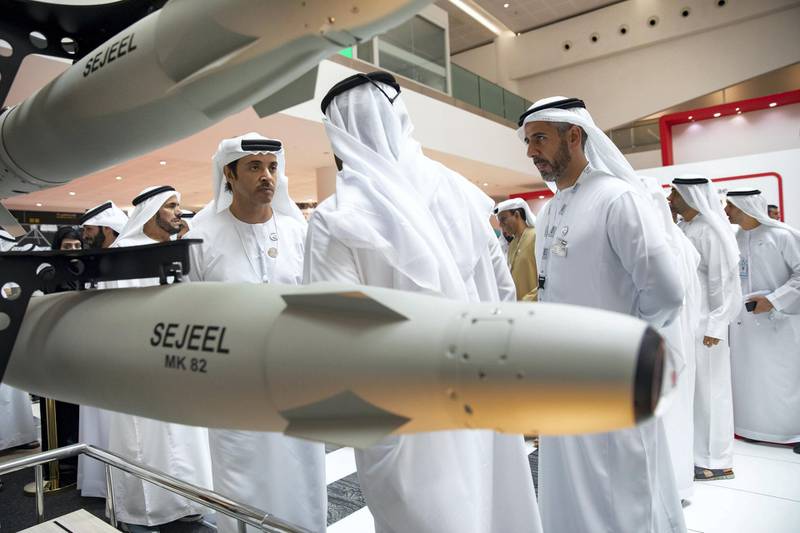 ABU DHABI, UNITED ARAB EMIRATES - February 16, 2019: HH Sheikh Hazza bin Zayed Al Nahyan, Vice Chairman of the Abu Dhabi Executive Council (3rd R), tours the 2019 International Defence Exhibition and Conference (IDEX), at Abu Dhabi National Exhibition Centre (ADNEC).

( Mohamed Al Bloushi )
---