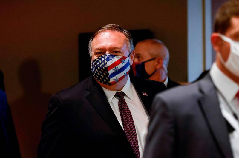 U.S. Secretary of State Mike Pompeo departs a meeting with members of the U.N. Security Council about Iran's alleged non-compliance with a nuclear deal at the United Nations in New York, August 20, 2020.  / AFP / POOL / MIKE SEGAR
