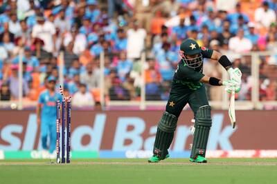 Mohammad Rizwan of Pakistan is bowled out Jasprit Bumrah of India. Getty