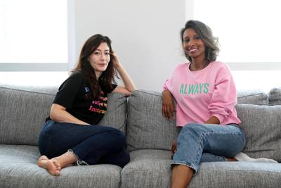 DUBAI, UNITED ARAB EMIRATES , October 8 – 2020 :- Left to Right -  Ayat Toufeeq and Amina Grimen , co-founders of a Dubai based beauty start-up Powder at their home in the Greens in Dubai. (Pawan Singh / The National) For Business. Story by Alkesh