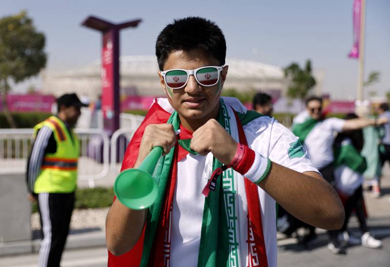 An Iran fan outside the Ahmad bin Ali Stadium, in Umm Al Afaei, west of central Doha, before his team's Group B  match against Wales. Reuters