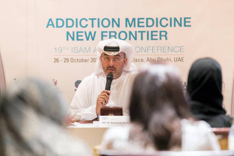 ABU DHABI, UNITED ARAB EMIRATES - OCT 3:Dr. Hamad Al Ghaferi, Director General, National Rehabilitation Center, talks at a press conference at Emirates Palace as part of the International Society of Addiction Medicine Annual Conference.(Photo by Reem Mohammed/The National)Reporter: Haneen DajaniSection: NA