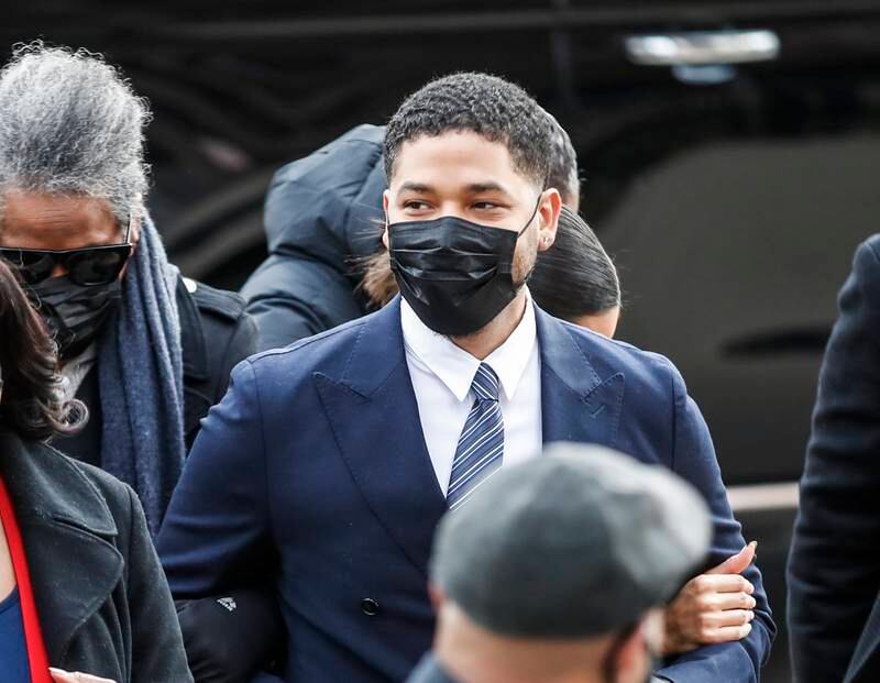Jussie Smollett arrives with family and lawyers for the first day of his trial in Chicago for reportedly staging an attack on himself. EPA