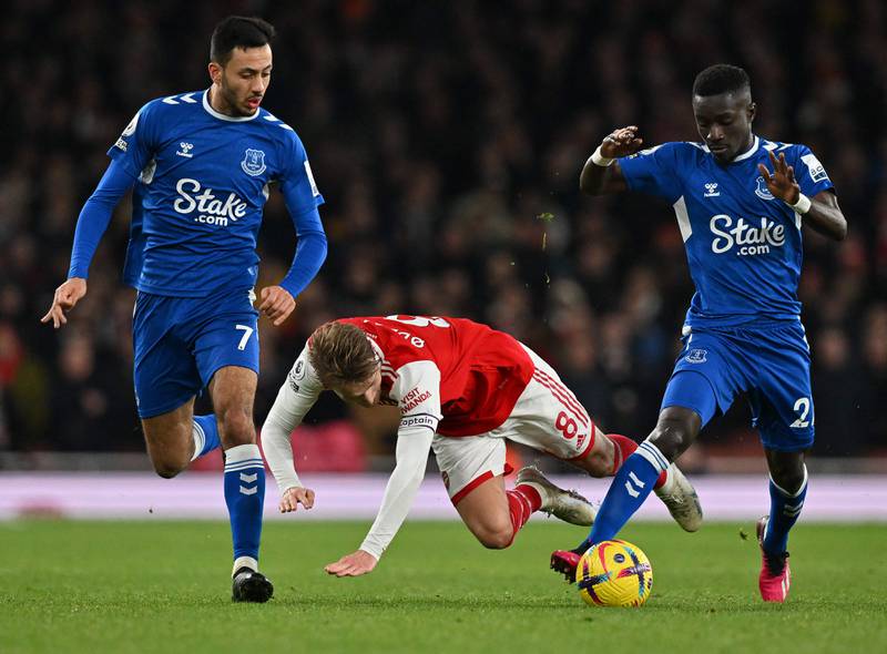 Idrissa Gueye - 4. Got his pocket picked by Saka in the build-up to the Gunners’ second goal. Hooked off at half time for Mason Holgate. AFP  