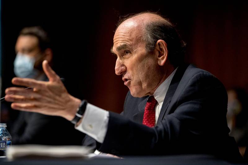 State Department Special Representative for Venezuela Ambassador Elliott Abrams speaks during a Senate Foreign Relations Committee hearing on Capitol Hill in Washington, Tuesday, Aug. 4, 2020. (AP Photo/Andrew Harnik)