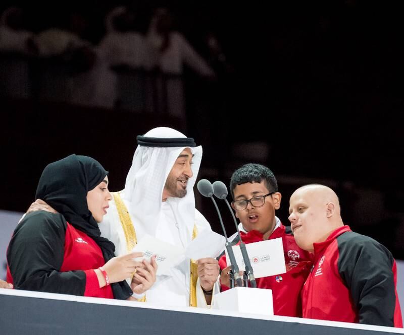 UAE Special Olympic athletes with the then Crown Prince of Abu Dhabi, Sheikh Mohamed, during the opening of the 2019  games. All photos: Special Olympics UAE unless stated otherwise