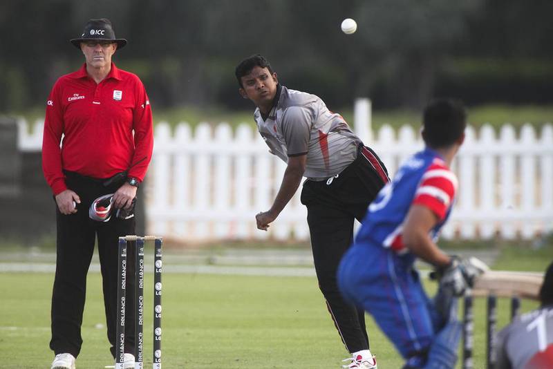 Shadeep Silva helped the UAE close out the United States for a 14-run win that clinched third place in Group A. Next comes the Netherlands in the knock-out round. Lee Hoagland / The National

