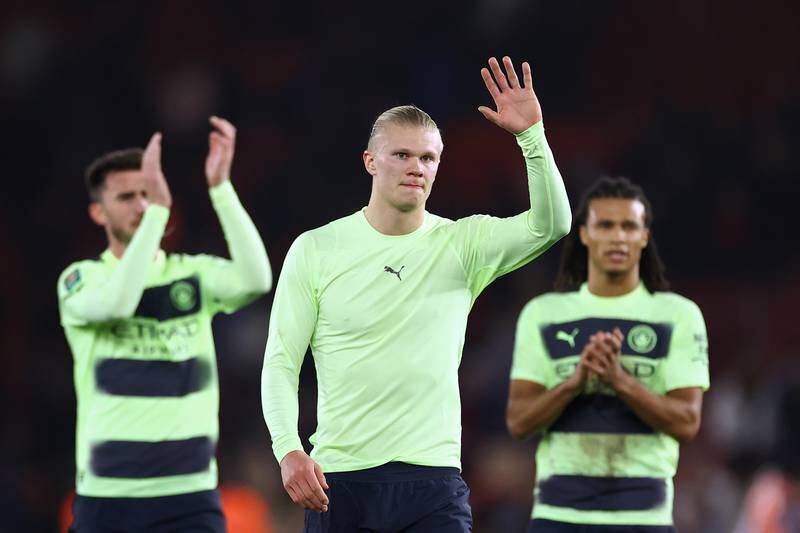 Erling Haaland looks dejected after Manchester City's defeat against Southampton in the League Cup quarter-final at St Mary's Stadium on January 11, 2023. Getty