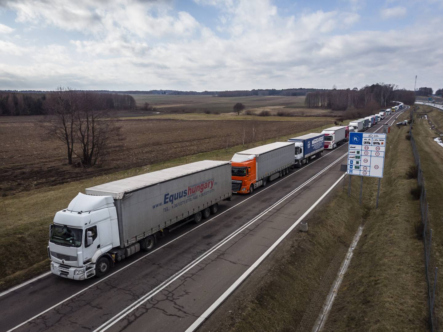 Goods lorries line up at the border crossing in Korczowa, south-east Poland.  AFP