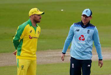 Australia's captain Aaron Finch, left, and England's captain Eoin Morgan ahead of the first ODI in Manchester. AP