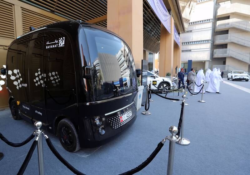 A Bayanat autonomous vehicle on display on the sidelines of the launch of the Smart and Autonomous Vehicle Industry Cluster in Abu Dhabi on Friday. Chris Whiteoak / The National