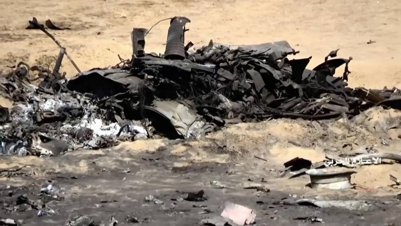 Purported plane wreckage seen in a Houthi rebel video. Houthi Media Centre via Reuters