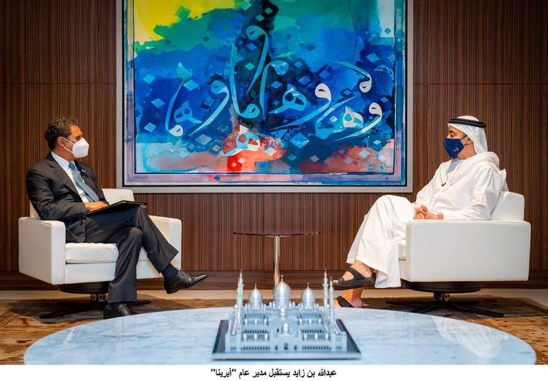 Sheikh Abdullah bin Zayed, Minister of Foreign Affairs and International Co-operation, met Francesco La Camera, the director-general of the International Renewable Energy Agency on Wednesday. WAM