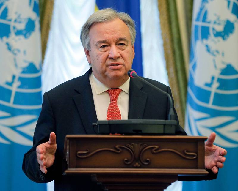 FILE - In this Sunday, July 9, 2017, file photo, United Nation Secretary-General Antonio Guterres speaks during a joint press conference with Ukrainian President Petro Poroshenko in Kiev, Ukraine.  Guterres warned Wednesday, Aug. 16, 2017, that tensions on the Korean peninsula are at their highest level in decades and said itâ€™s important â€œto dial down the rhetoric and to dial up diplomacy.â€ The U.N. chief told reporters the world needs to heed the lessons of history and not repeat the mistakes that led to the Korean War, which started 67 years ago and killed more than three million people. (AP Photo/Efrem Lukatsky, File)