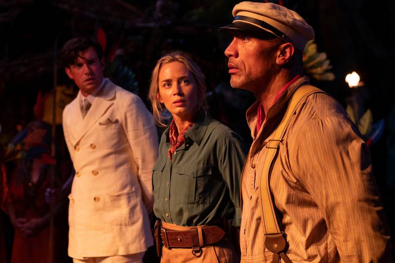 Jack Whitehall as McGregor, Emily Blunt as Lily Houghton and Dwayne Johnson as Frank Wolff in Disney’s 'Jungle Cruise' which comes out in cinemas this week. Disney
