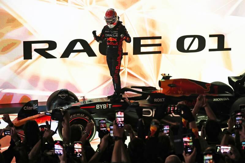 Max Verstappen of Red Bull Racing celebrates after winning the season-opening Bahrain Grand Prix on Sunday, March 5, 2023. Getty