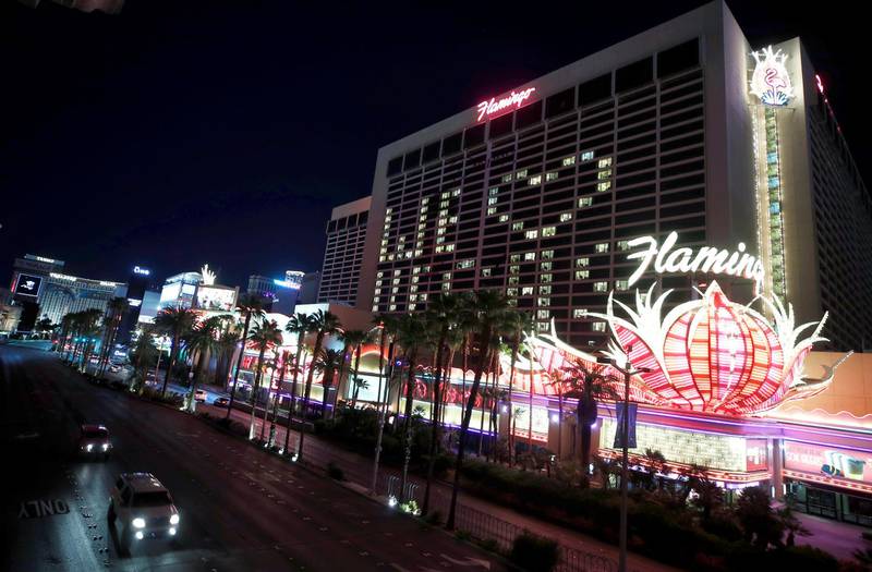 Window lights spell out "We Love Las Vegas" at the Flamingo hotel-casino during the shutdown of all casinos and nonessential businesses, an effort to slow the spread of the novel coronavirus, in Las Vegas, Nevada, US. Reuters