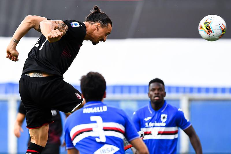 AC Milan attacker Zlatan Ibrahimovic scores against Sampdoria during the Serie A match at the Stadio Luigi Ferraris on Wednesday, July 29. Getty