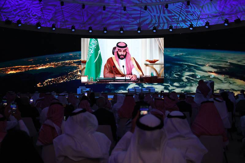 Saudi Crown Prince Mohammed bin Salman delivers a speech during the opening ceremony of the forum. AFP